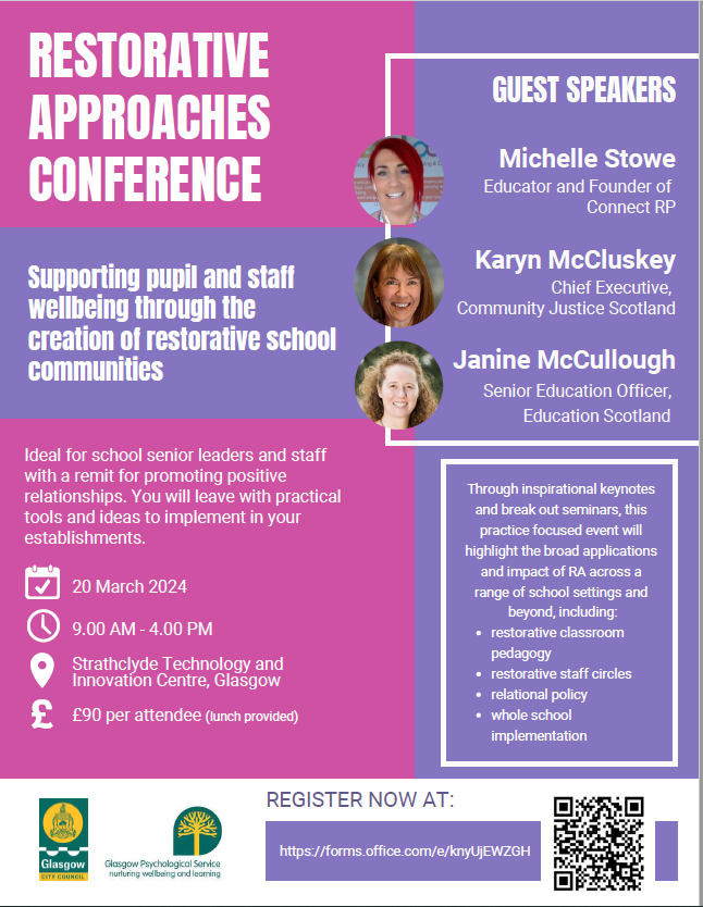 We are delighted to announce our national Restorative Approaches Conference! This will be held on 20/03 at Strathclyde Uni with incredible guest speakers including Michelle Stowe <a href="/connect_rp/">ConnectRP</a> and <a href="/karynmccluskey/">Karyn McCluskey</a>🤩. Please see flyer below, and sign up using the QR code!