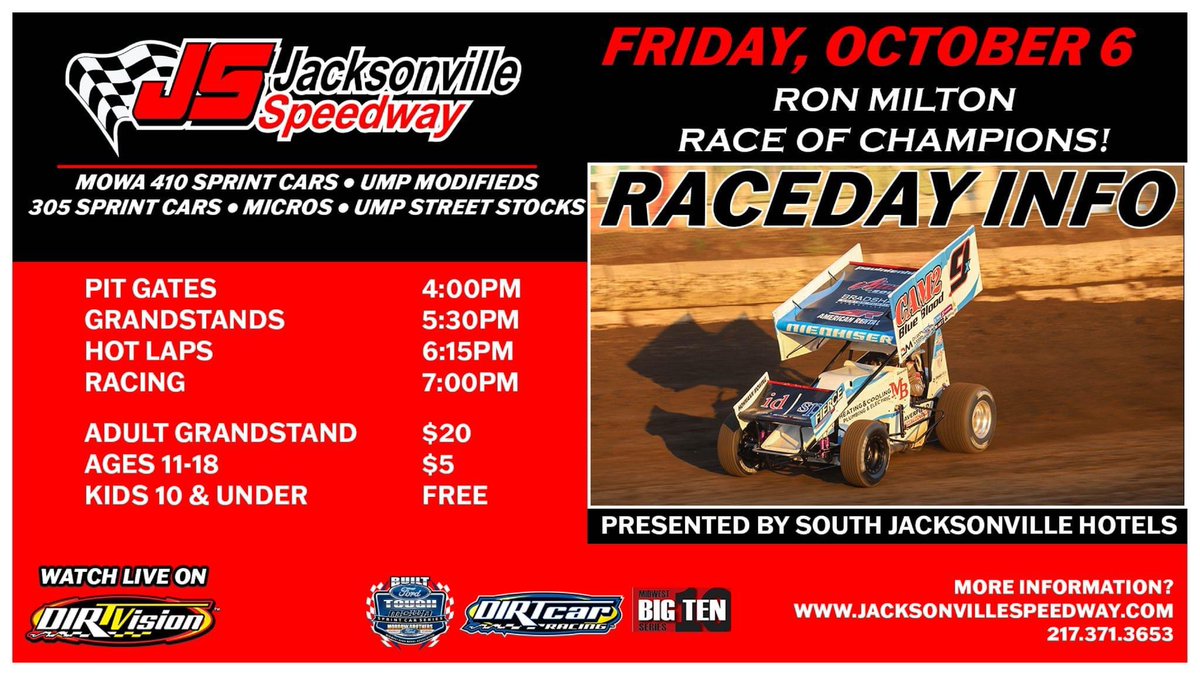 Friday October 6 - it’s the Ron Milton Race of Champions! Only two nights left in 2023 at Jacksonville - be sure to join us!