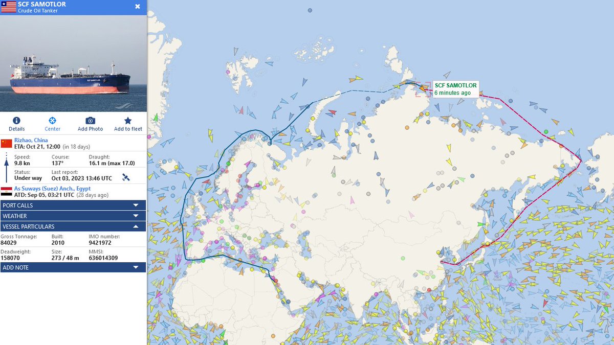 Aker Arctic (@akerarctic) on Twitter photo #AISspotted the non-ice-strengthened Suezmax(!) crude oil tanker SCF Samotlor sailing from Murmansk to China along the #NorthernSeaRoute. If I'm not entirely mistaken, this is the biggest so far (although it may not be fully laden).
(AIS data via <a href="/VesselFinder/">VesselFinder</a>) #AISspotted the non-ice-strengthened Suezmax(!) crude oil tanker SCF Samotlor sailing from Murmansk to China along the #NorthernSeaRoute. If I'm not entirely mistaken, this is the biggest so far (although it may not be fully laden).
(AIS data via <a href="/VesselFinder/">VesselFinder</a>)
