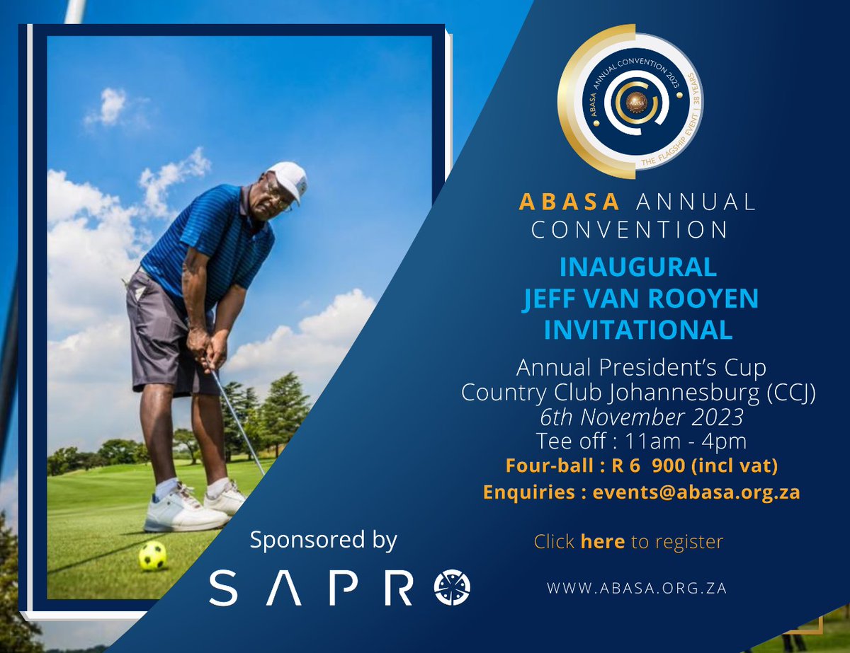 ABASA_National's tweet photo. The Countdown to the ABASA Annual Convention has begun. Please join us on the 6th of at Country Club Johannesburg for the Inaugural Jeff Van Rooyen Invitational proudly sponsored by SAPRO
Click on link to Register a 4-ball
https://t.co/v64N6LtAbA
#ABASAConvention #AAC2023 https://t.co/MLquGP1AD8