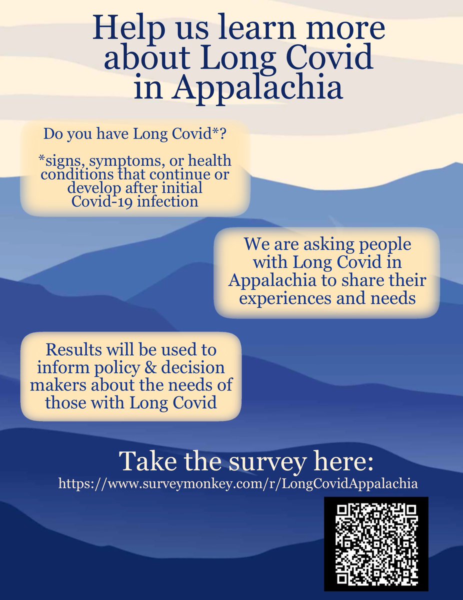Our needs assessment survey for people in #Appalachia with #LongCovid is now live: surveymonkey.com/r/longcovidapp… only about 5% of LC research to date has focused on rural populations so that’s my main focus; please email or dm if you have questions!