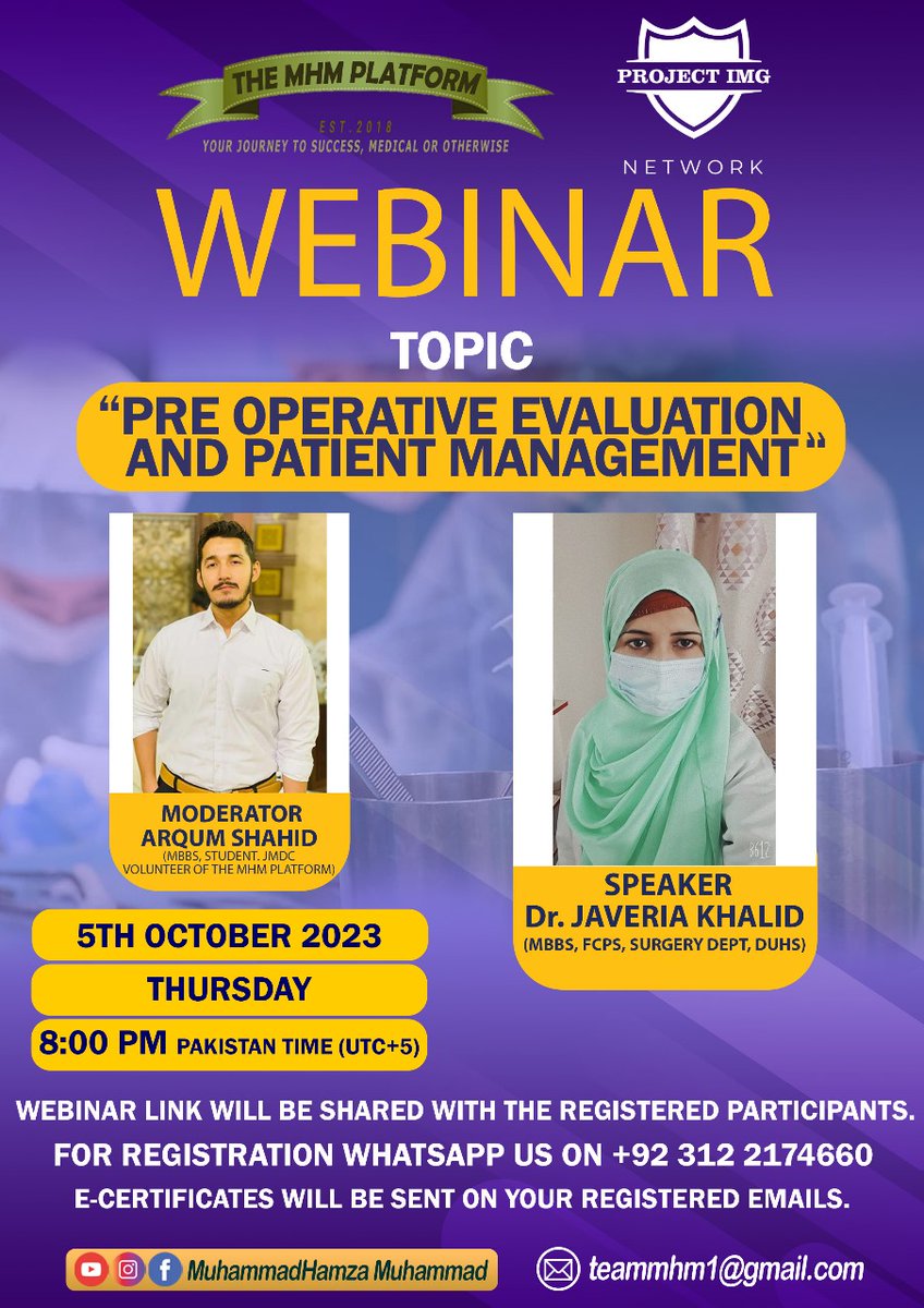 themhmplatform's tweet photo. WEBINAR: PRE OPERATIVE  EVALUATION AND PATIENT MANAGEMENT

Speaker: Dr. Javeria Khalid (MBBS, FCPS, Surgery dept, DUHS)

E-Certificate will be shared with the participants.

Register yourself on the link below:
https://t.co/4sUuYRQmMT

@themhm2018 @ProjectImg @projectimgnet https://t.co/c3uhsCDBjm