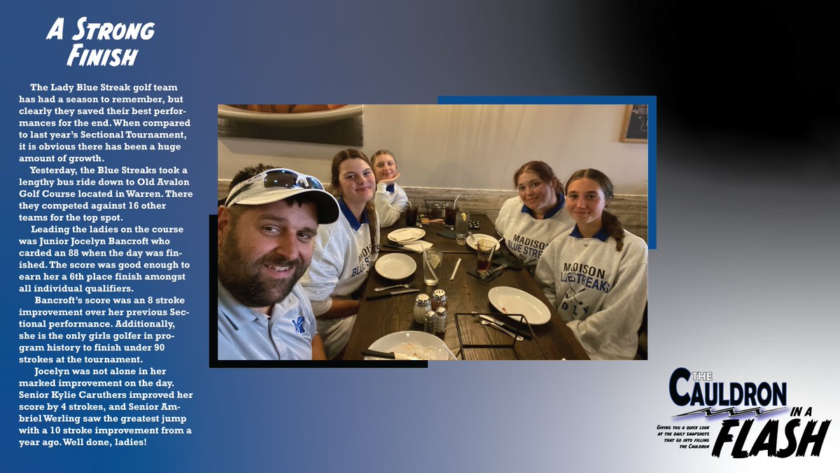StreaksYearbook's tweet photo. A Strong Finish
Cauldron In A Flash
The girls golf team celebrated with @CoachTitman after a great performance at the OHSAA Sectionals yesterday! #wearemadisonblue #InAFlash https://t.co/qqfpZ3BNtn
