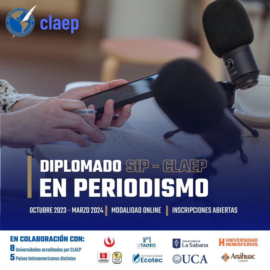 El <a href="/CLAEPoficial/">CLAEP</a> y la <a href="/sip_oficial/">SIP • IAPA</a> abrieron inscripciones para el Diplomado en Periodismo. Será virtual y contará con expertos de Colombia, Ecuador, Perú, Argentina y México. 

El profesor <a href="/Moises_Limia/">Moisés Limia</a>, de la <a href="/Utadeo_edu_co/">Utadeo</a>, hablará obre IA y algoritmos en el periodismo