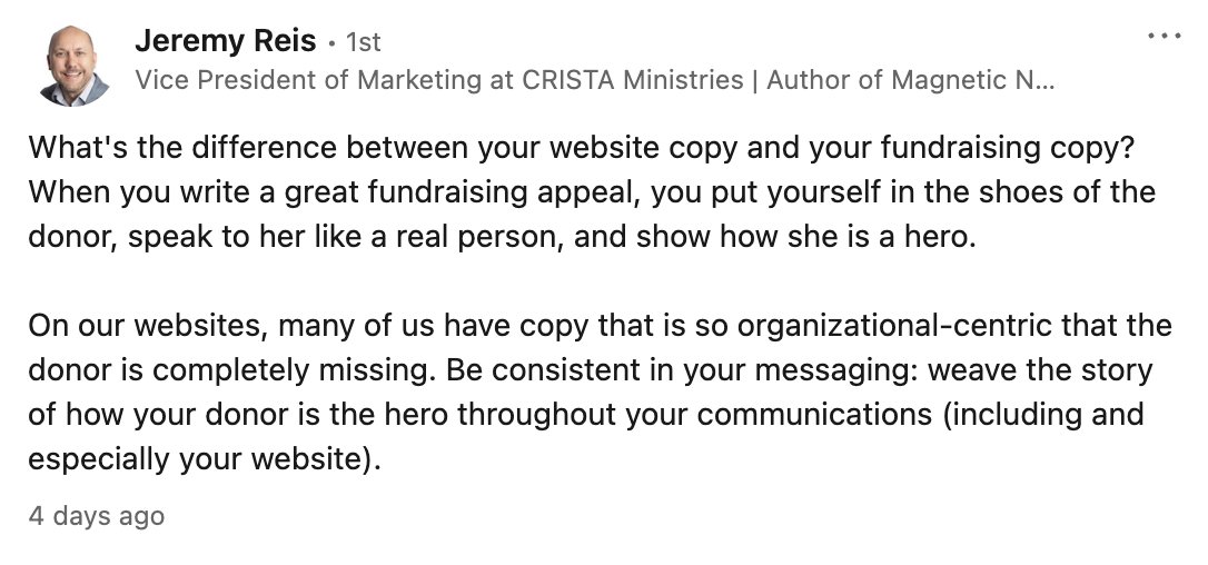 Jason Weaver (@thejasonweaver) on Twitter photo The #fundraising copy #Nonprofits / #charities use on their websites and in their #socialmedia should be as donor-centric as the copy in their direct response appeals. Credit to <a href="/JeremyReis/">Jeremy Reis</a>... The #fundraising copy #Nonprofits / #charities use on their websites and in their #socialmedia should be as donor-centric as the copy in their direct response appeals. Credit to <a href="/JeremyReis/">Jeremy Reis</a>...
