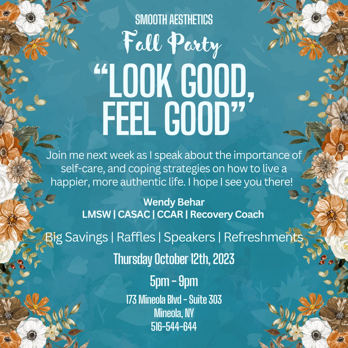Join me next week on Thursday October 12th at 5pm at @smoothaestheticsmd Fall Party! 

#booksigning #seasonalparty #smoothaestheticsmd #mineola #longislandevents #mineolany #mineolaevents #skincare #womeninrecovery #addictionspecialist #soberwomen #sobriety #sobertherapist