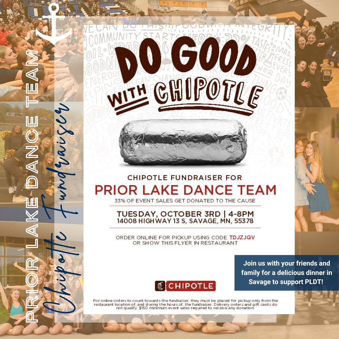 Giving back never tasted so good! 

Stop by Chipotle in Savage for our fundraiser TODAY and they’ll donate 33% of the proceeds to support our team. You can order in person and show this flyer or use promo code TDJZJQV to order online. 😋 🌯 

#anchored #pldt #savagemn