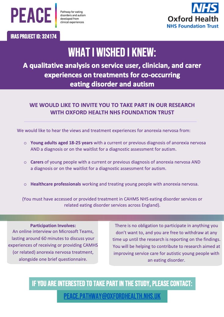 Our collaborators at @OxfordHealthNHS have launched a new study looking into young adults, clinicians, and carers experiences on treatments for co-occurring eating disorder and autism. Check out the flyer below for more details and to take part 👇