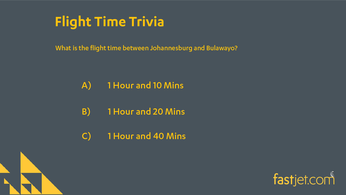 fastjet's tweet photo. fastjet Trivia | What is the flight time between Bulawayo and Johannesburg?
From the 30th of October, fastjet will have double daily weekday flights from Johannesburg to Bulawayo.
More choices, More flexibility.
#fastjet #flyfastjet #fastjetTrivia https://t.co/f0lrYHhHWI