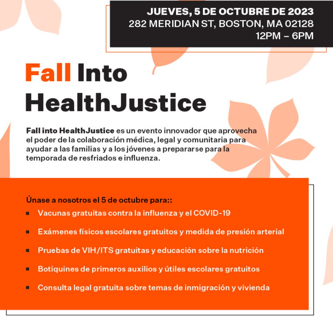 Fall Into HealthJustice is a groundbreaking event that harnesses the power of medical, legal, and community collaboration to help families and youth prepare for the cold/flu season. 

Join @<a href="/LCRBOSTON/">Lawyers for Civil Rights</a> on October 5 in East Boston!