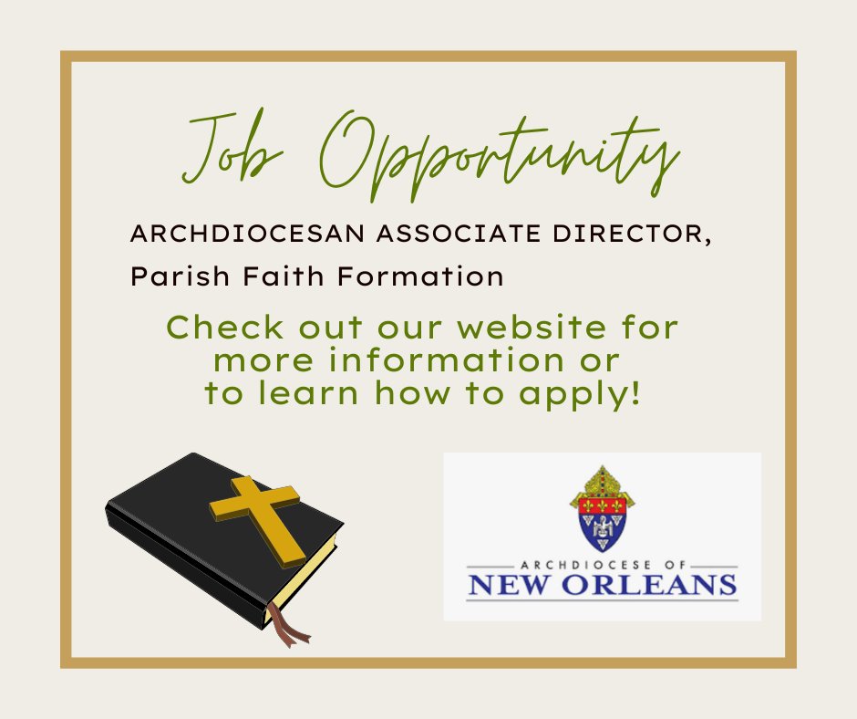 LIMINO's tweet photo. The Archdiocese of New Orleans is hiring!
The person in this position is responsible for guiding, supporting, and leading Faith Formation Leaders throughout the archdiocese. For more info on this and other job openings, check out our website: https://t.co/t26KMFmoZP https://t.co/Tb7RYs9XT9