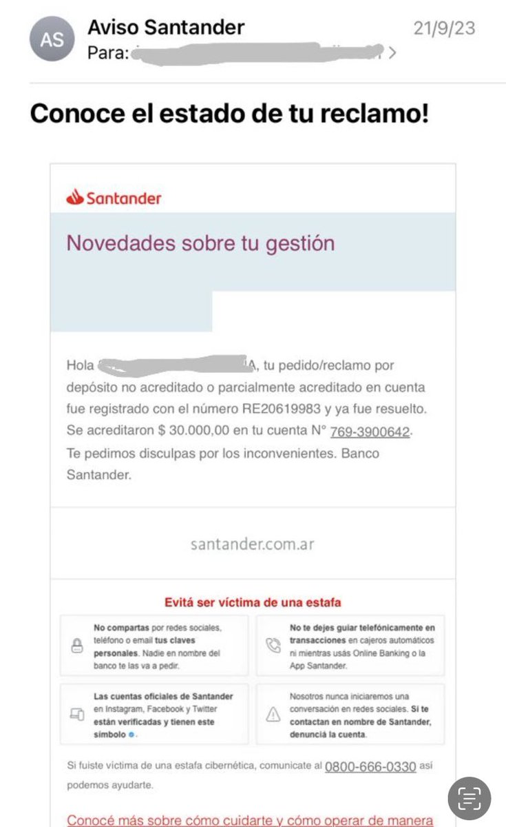 nilvaivanas's tweet photo. @Santander_Ar desde el 21-09 espero los $30000 q quedaron en el cajero que se apago con mi dinero dentro. apagado con el dinero dentro.  Adjunto el mail en él dicen q será acreditado el importe en mi cuenta. Todos los días hago reclamo, aún no me devolvieron el dinero!!!! https://t.co/gyiGMGglGa
