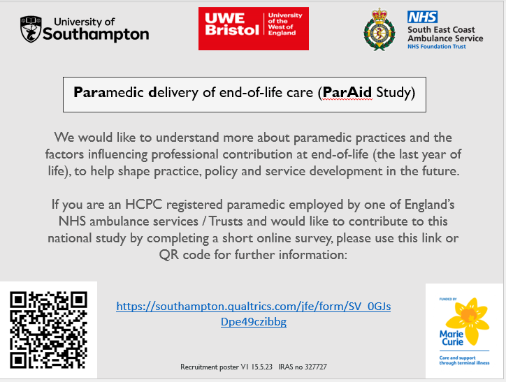 Calling all @NEAmbulance paramedics! Please complete the survey which is anonymous and should take about 15 minutes to finish. Your views and experience are vital in improving end-of-life care 🚑 #NEASResearch @NEAS_Medical southampton.qualtrics.com/jfe/form/SV_0G…