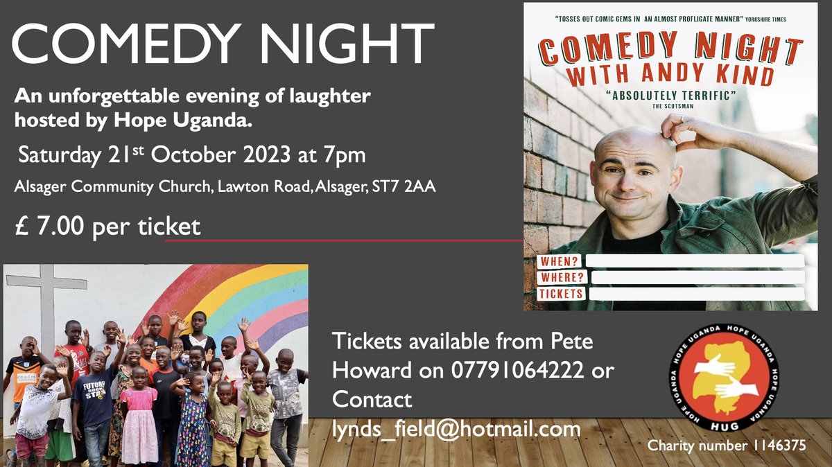 Alsager_CC's tweet photo. Make a difference to children in one of the poorest nations of the world AND have a great evening out! An evening of comedy with the incredible Andy Kind.
Very funny man who will have you literally holding your sides!
Happening 7pm on 21st October: see poster/picture for details https://t.co/JRc2vfgrPi