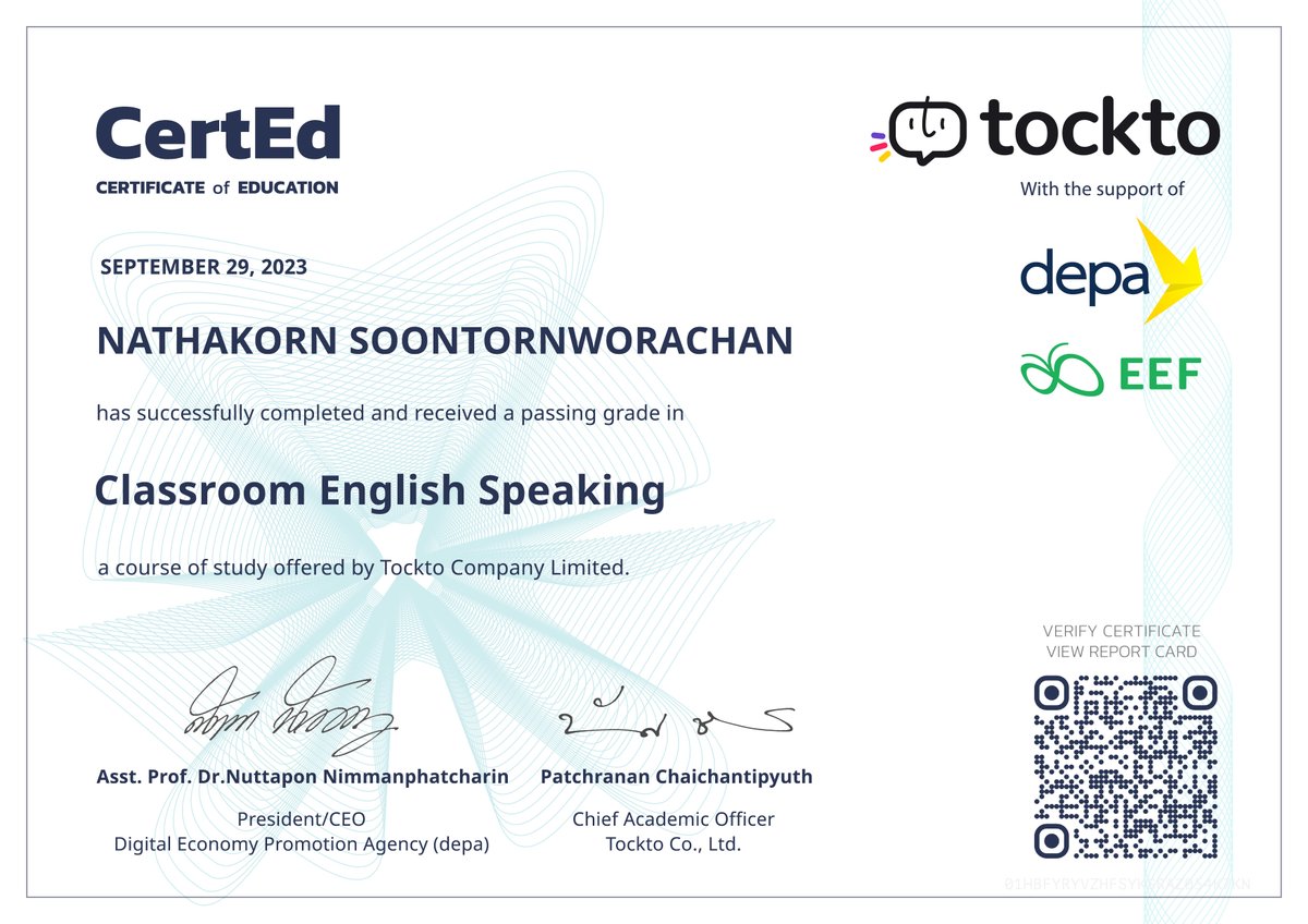 🎉 Just aced 'Classroom English Speaking' with Tockto Co., Ltd.! Excited to enhance global classroom interactions.

Check it out: cms.tockto.me/certed/01HBFYR…

🌐 #EnglishProficiency #ContinuousGrowth