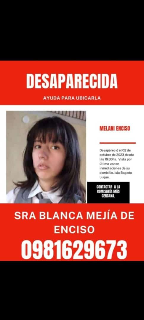 caritovanni's tweet photo. Ella es mi sobrina MELANI NAHIARA ENCISO MEJIA, tiene 14 AÑOS, salió ayer a las 19:30 de su casa y no volvió. 
Se le vio alrededor de la calle Cesar Andrés (LUQUE) yendo hacia el vivero San Antonio, si alguien tiene alguna información comunicarse al 0984 629673.
RT por favor 🙏🙏 https://t.co/oHTjDltvM6