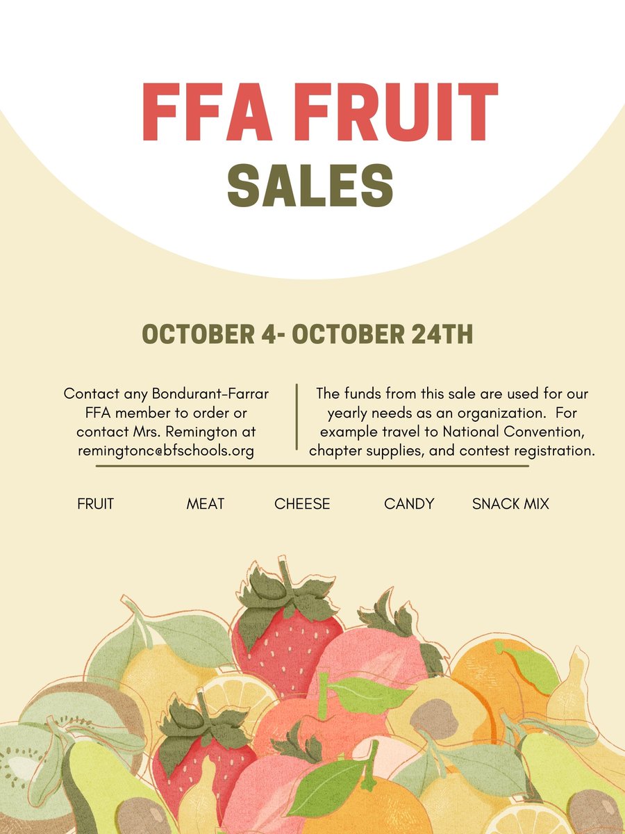 It's the best time of the year--FFA Fruit Sales Season! We have partnered again with @4SeasonsFund to bring you all the best fruit, meat, cheese, and candy. Please contact an FFA Member to order or reach out to Mrs. Remington!