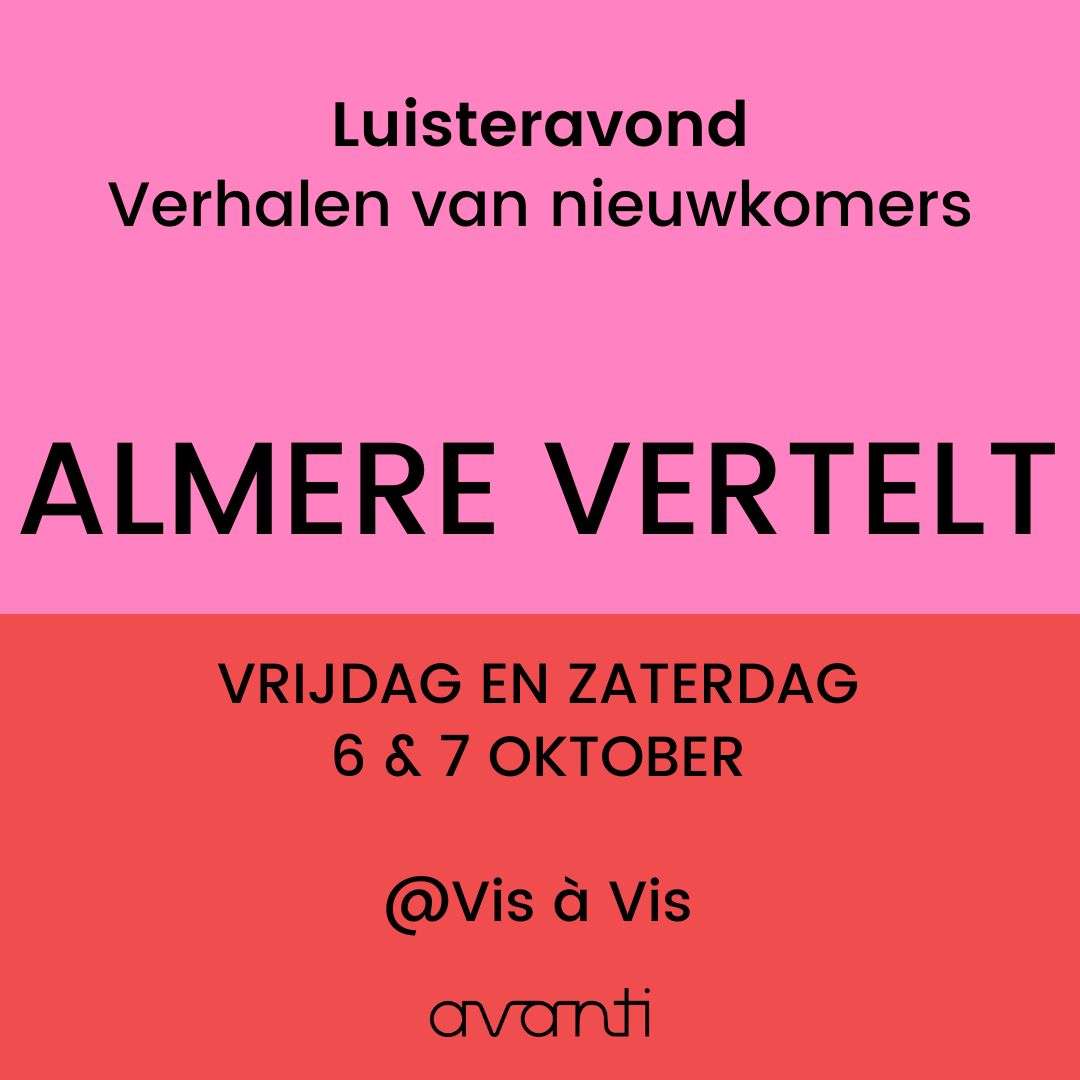 Op vrijdag 6 en zaterdag 7 oktober is er een nieuwe editie van Almere Vertelt.💥 Wil je hier ook bij zijn? Meld je dan (gratis) aan via deze link: buff.ly/3FaorFp 
📆 Datum: 6 &amp; 7 oktober
🕢 Aanvang: 18:30
📍 Locatie: Vis à Vis Muiderzandplaats 1
