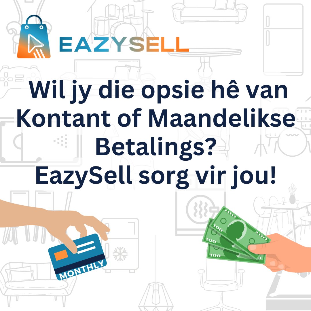 EazySell_'s tweet image. Aanpasbare betalings binne jou bereik!💰💫 Of jy nou kontant verkies of gerieflike
maandelikse paaiemente, EazySell sorg vir jou. Kry wat jy wil, jou manier!🛍️#AanpasbareBetalings #EazySell
#PreLovedItems #listings #FlexiPay
#ShopNow #BuyAndSellEasy #EffortlessSelling
#SellSmart