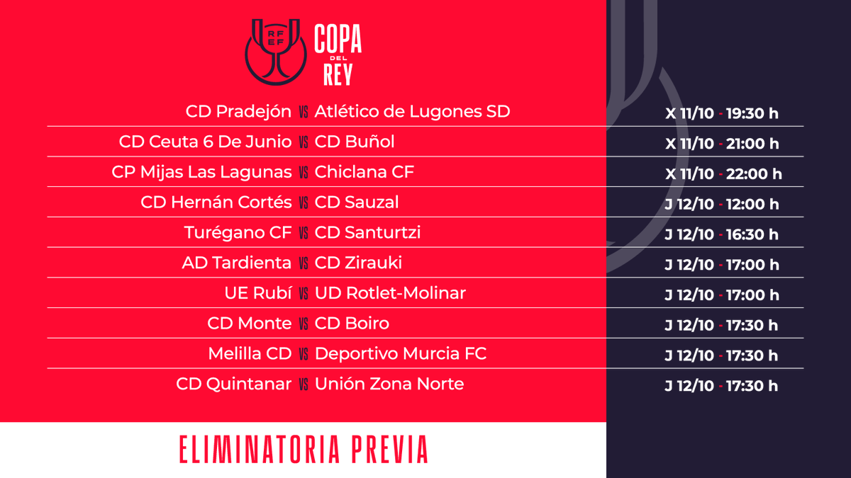 rfef's tweet photo. 👑 Establecidos los horarios de la Eliminatoria Previa de la Copa de S. M. El Rey

⏰ Los diez encuentros se disputarán entre el miércoles 11 y el jueves 12 de octubre

🔗 https://t.co/TleFn9ETEp

#LaCopaMola https://t.co/vLyVq6ufqV