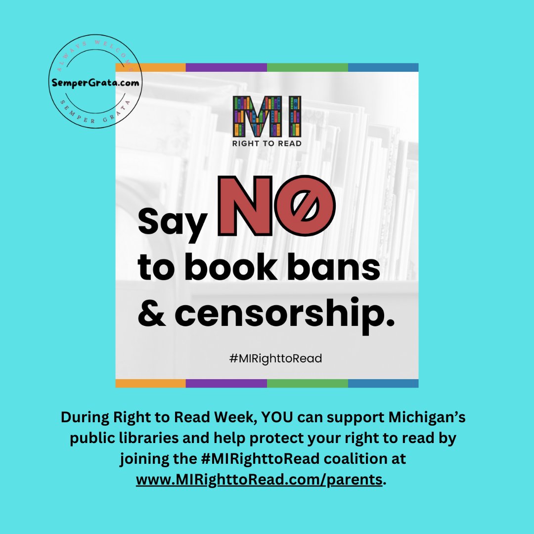 AuthorMollyD's tweet image. During Right to Read Week, YOU can support Michigan’s public libraries and help protect your right to read by joining the #MIRighttoRead coalition at MIRighttoRead.com/parents.