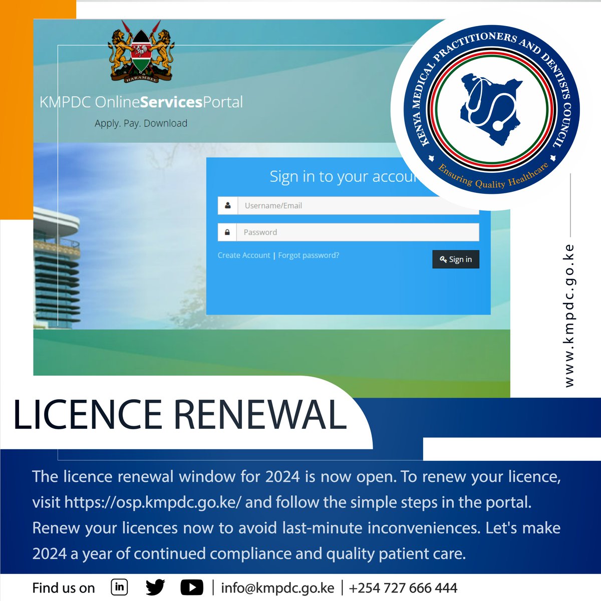 The licence renewal window for 2024 is now open. To renew your licence, visit osp.kmpdc.go.ke and follow the simple steps in the portal. Renew your licences now to avoid last-minute inconveniences. Let's make 2024 a year of continued compliance and quality patient care.