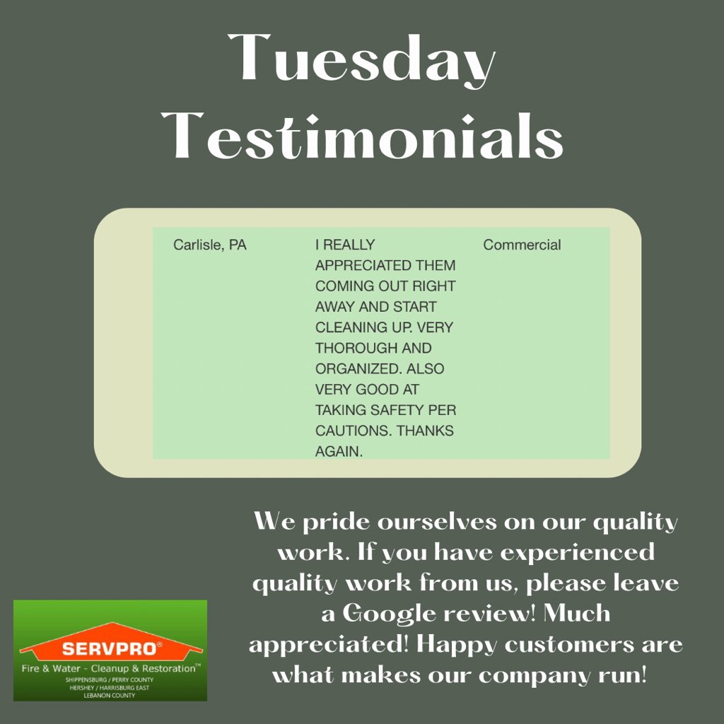 HersheyServpro's tweet photo. Testimonial Tuesday
#restoration #remediation #servpro #watermitigation #waterremediation #moldremediation #firedamagerestorationservice #firedamagecleanup https://t.co/YtVVhqgNXa