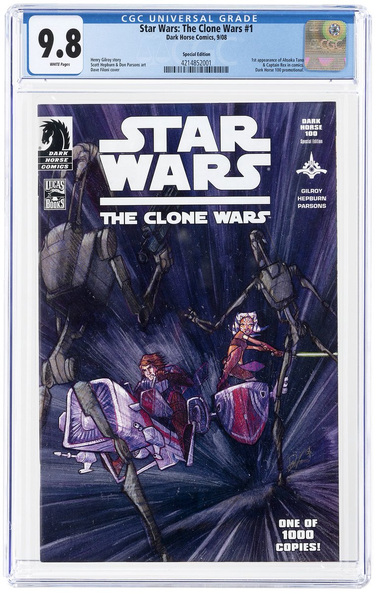 NOVEMBER AUCTION PREVIEW! @Ahsokaofficial ends tonight! @HakesAuctions' Fall sale has a book that'll fill that void - a #CGC 9.8 #StarWarsTheCloneWars #1, #AhsokaTano's comic debut! #DarkHorseComics #StarWars #CloneWars #Ahsoka #DaveFiloni #comicbooks #comics #collector