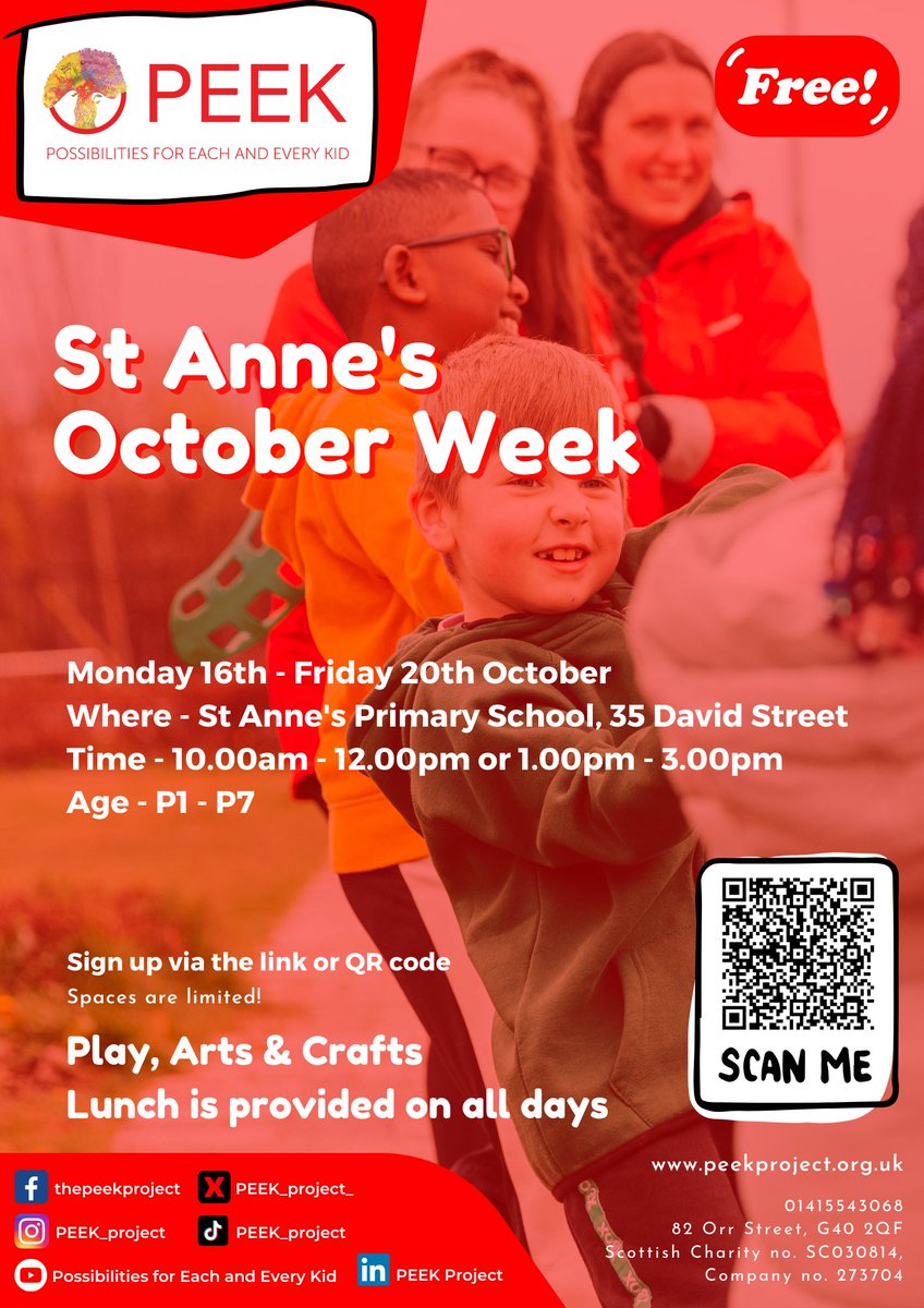 Are you looking for a fun-filled October week? Spend your week with #TeamPEEK as we offer a variety of free exciting activities during the break at our @StAnnesPrimary October Week Programme. 🫶 To join click on the link and register your child. forms.office.com/e/6vnM7bWLPL