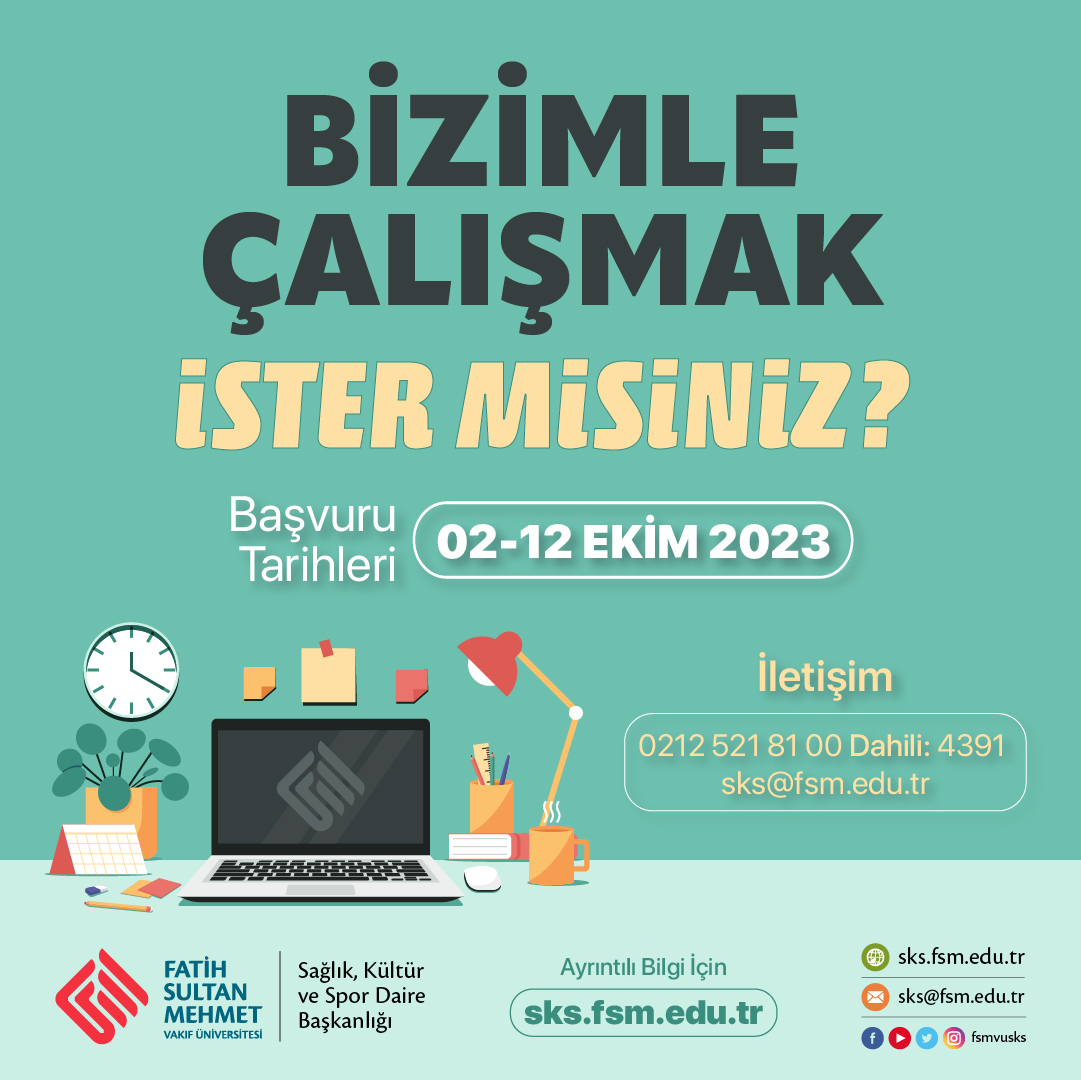 Bizimle Çalışmak İster Misin?

"Kısmi Zamanlı Öğrenci Çalıştırma" programına siz de katılmak isterseniz sks.fsm.edu.tr web adresimizi ziyaret ederek online başvuru yapabilirsiniz😊

<a href="/fsmvu/">Fatih Sultan Mehmet Vakıf Üniversitesi</a>