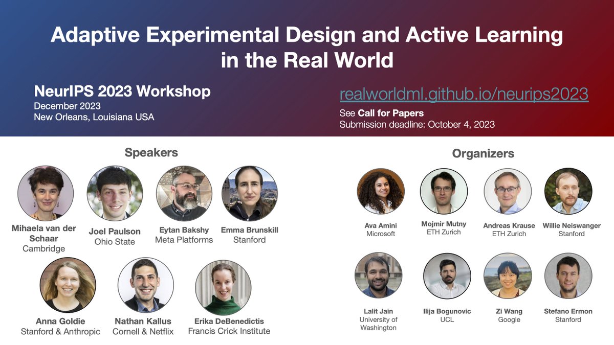 Ava Amini (@avapamini) on Twitter photo submit ‼️ #NeurIPS2023 workshop on Adaptive Experimental Design & Active Learning in the Real World🔬
🗓️Oct 4 2023 11:59PM AoE
👥w/ the amazing <a href="/MihaelaVDS/">Mihaela van der Schaar</a> <a href="/annadgoldie/">Anna Goldie</a> <a href="/nathankallus/">Nathan Kallus</a> <a href="/eytan/">eytan bakshy</a> <a href="/EmmaBrunskill/">Emma Brunskill</a> <a href="/erika_alden_d/">Erika Alden DeBenedictis</a>
🪙$1000 to best student paper
realworldml.github.io/neurips2023/ submit ‼️ #NeurIPS2023 workshop on Adaptive Experimental Design & Active Learning in the Real World🔬
🗓️Oct 4 2023 11:59PM AoE
👥w/ the amazing <a href="/MihaelaVDS/">Mihaela van der Schaar</a> <a href="/annadgoldie/">Anna Goldie</a> <a href="/nathankallus/">Nathan Kallus</a> <a href="/eytan/">eytan bakshy</a> <a href="/EmmaBrunskill/">Emma Brunskill</a> <a href="/erika_alden_d/">Erika Alden DeBenedictis</a>
🪙$1000 to best student paper
realworldml.github.io/neurips2023/