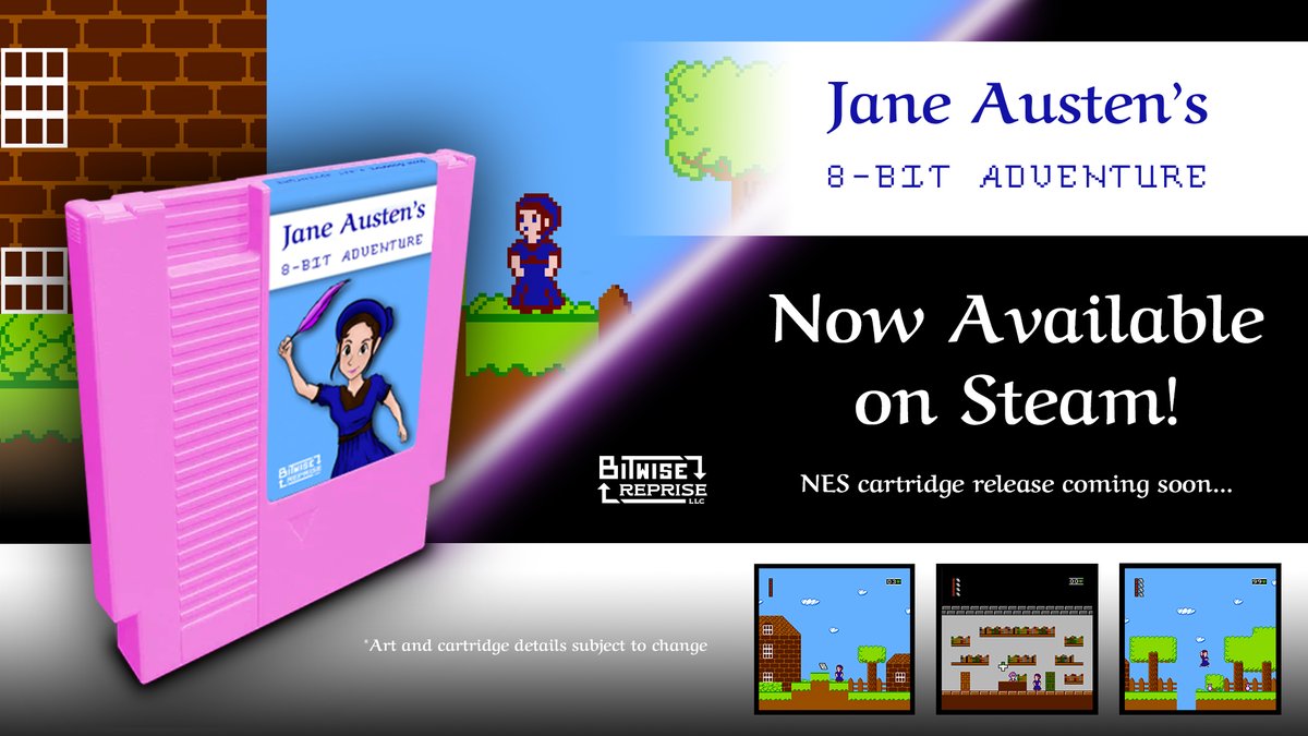 Jane Austen's 8-bit Adventure is now available on Steam! This 2D platformer stars Jane Austen, English novelist, who finds herself in an 8-bit video game. The game runs on real NES hardware from the 1980s, and on modern PCs - Windows, Mac, and Linux.

store.steampowered.com/app/2377660/Ja…