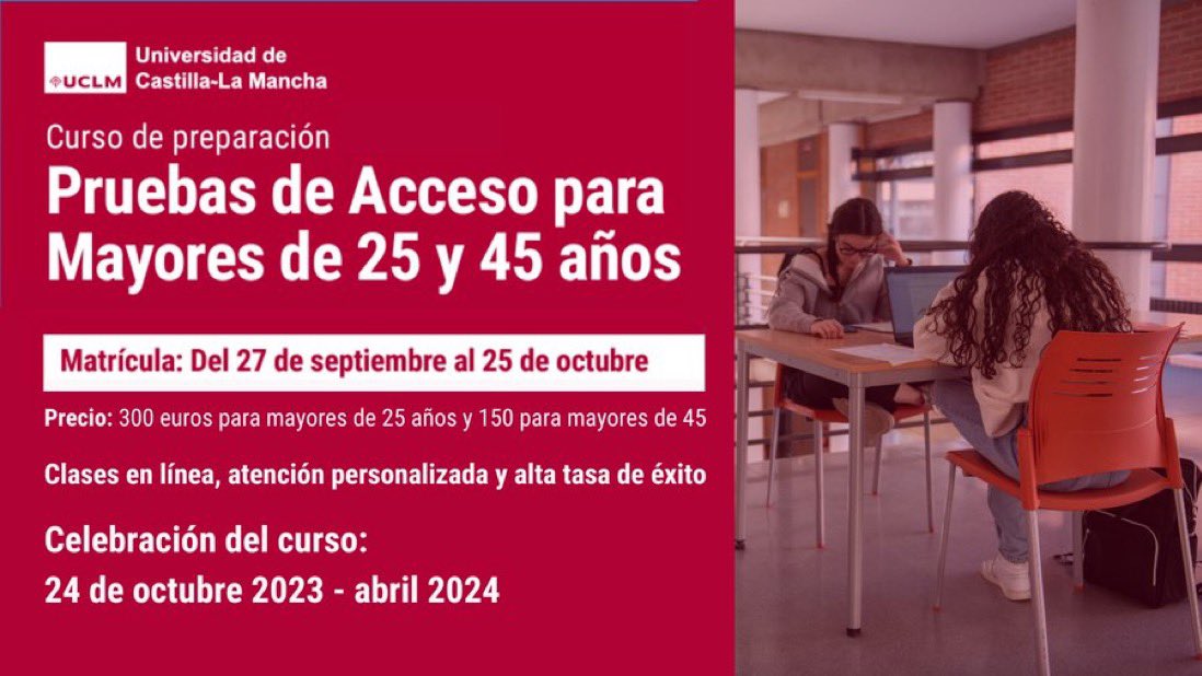 🔴Abierto el plazo de matriculación en el curso que oferta la UCLM para preparar las pruebas de acceso a la universidad para mayores de 25 y de 45 años.
Información e inscripciones: uclm.es/perfiles/preun…