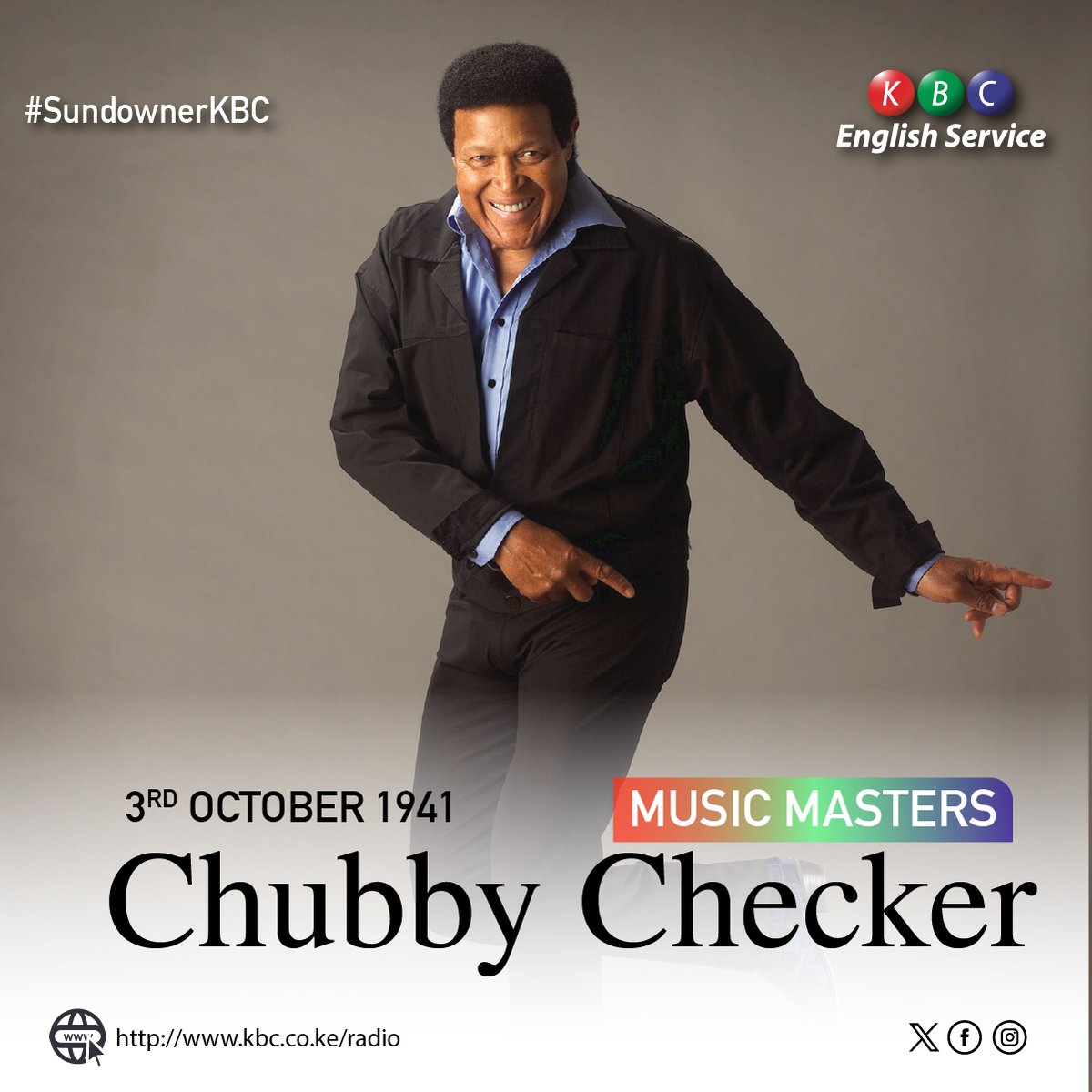 MUSIC MASTERS Chubby Checker An American singer & dancer. Widely known for popularizing many dance styles; the Twist dance, with his 1960 hit cover of Hank Ballard & The Midnighters', 'The Twist', & the pony dance with the 1961 cover of the song 'Pony Time'. ^PMN #SundownerKBC