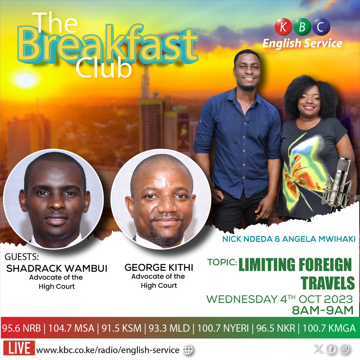 KBC English Service (@kbcenglish) on Twitter photo 2023-10-03 15:30:00 ACTIVATE your Wednesday with Nick Ndeda & Angela Mwihaki on #BreakfastClubKBC tomorrow morning from 0500HRS See you then @angelamwihaki @NickNdeda ACTIVATE your Wednesday with Nick Ndeda & Angela Mwihaki on #BreakfastClubKBC tomorrow morning from 0500HRS See you then @angelamwihaki @NickNdeda