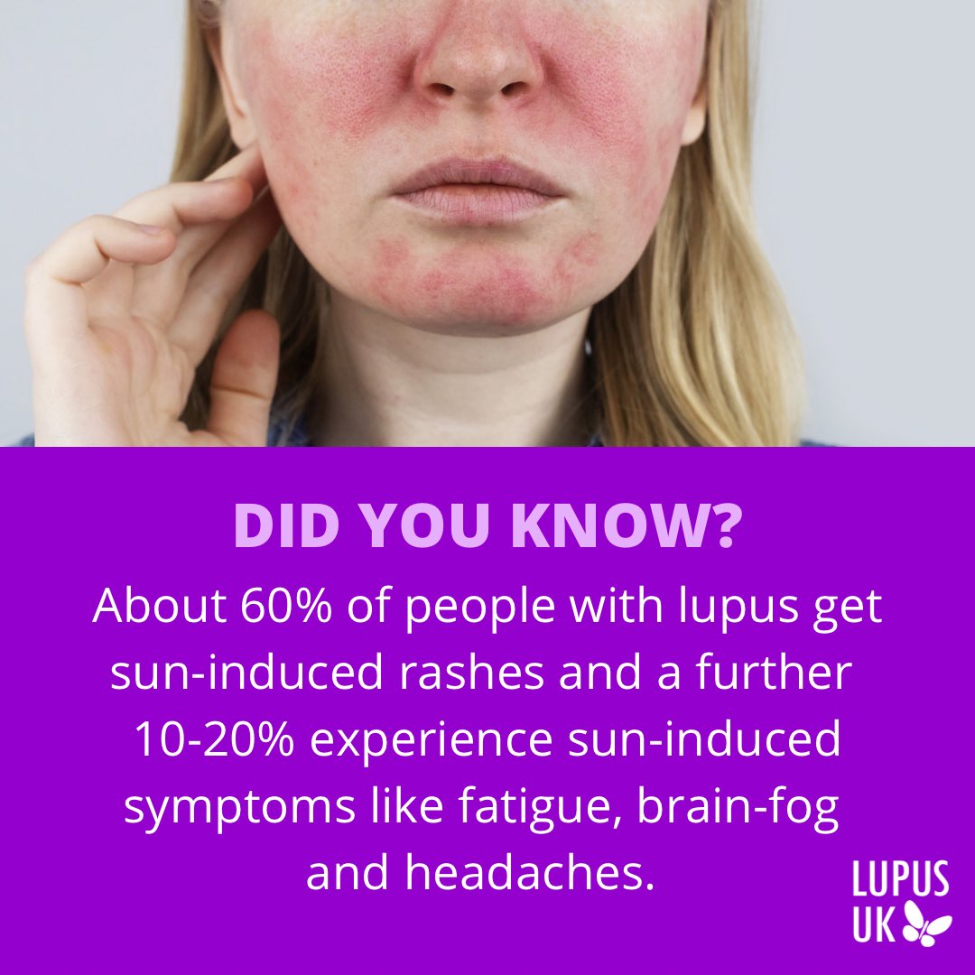 #LupusAwarenessMonth Fact:
Did you know about 60% of people with #lupus get sun-induced rashes and a further 10-20% experience sun-induced symptoms like fatigue, brain-fog and headaches.

For more information visit lupusuk.org.uk/coping-with-li… ☀️