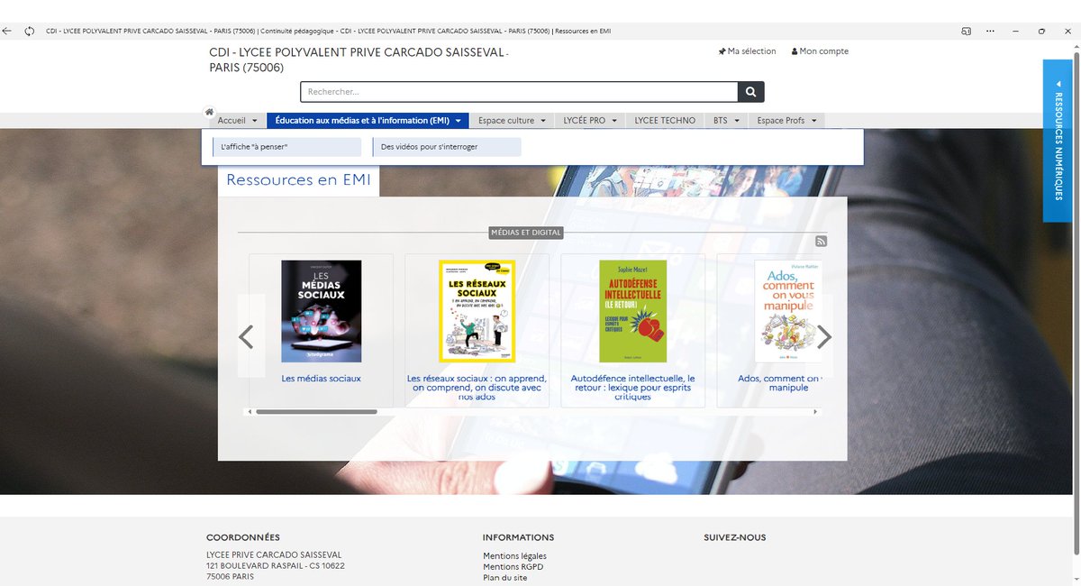 CARCADOSAISSEVA's tweet image. Nouvelle rubrique sur le portail #ESIDOC du CDI de @CARCADOSAISSEVA 
Conçue pour mieux mettre en avant les ressources liées à l’Education aux Médias et à l’Information EMI  et au fonds « numérique / digital » 
#documentation #informations #media #education #carcado #esemco