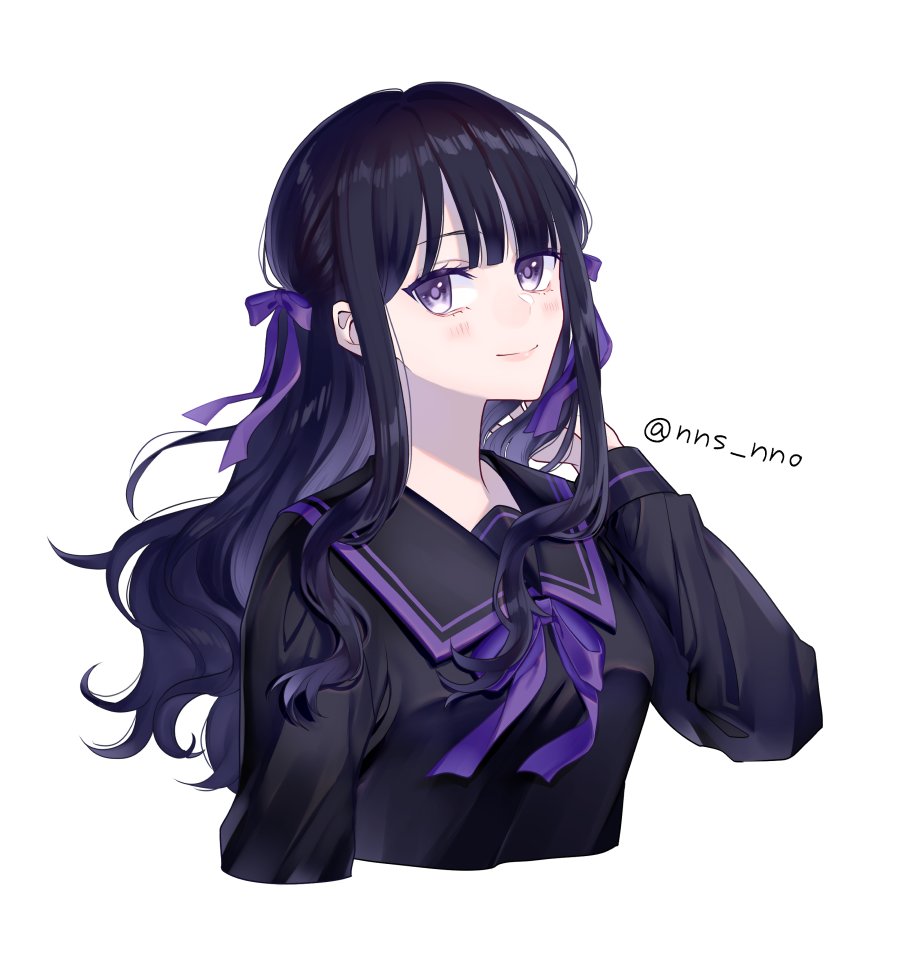 1girl solo black hair long hair smile school uniform white background  illustration images