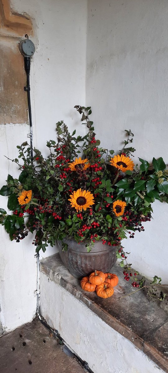 _WEAG's tweet photo. A celebration of Autumn in the village church at the moment! 🌻🍂

Lovely to see wild Blackberries, Hawthorn and Ivy used in a floral arrangement 🧡 https://t.co/HN5SeOtPfD