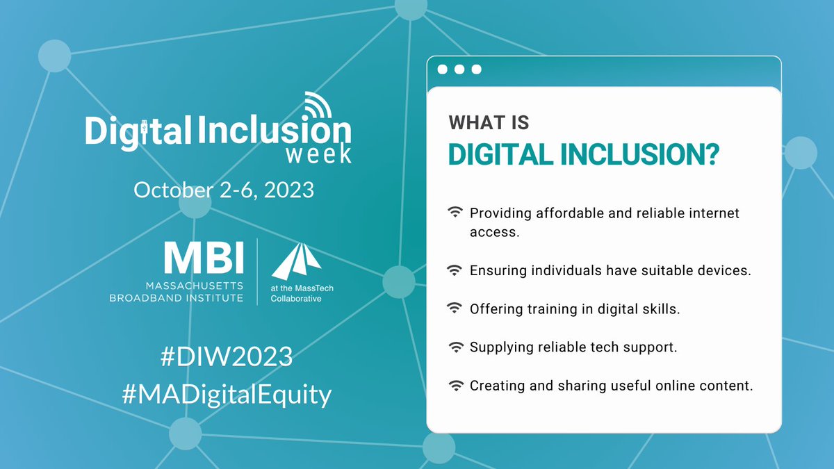 MassBroadband's tweet photo. In an increasingly digital world, inclusion is key. Everyone deserves equal access to technology. MBI is committed to this mission to bring affordable, reliable high-speed internet to every home in MA. Learn more: https://t.co/1EzwRv1yZ7 #DIW2023 #MADigitalEquity #internetforall https://t.co/wJRto46uh3