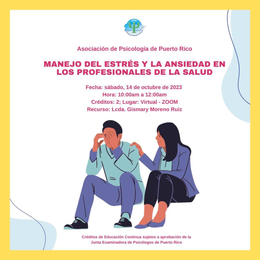 Manejo del estrés y la ansiedad en los profesionales de la salud

Fecha: sábado, 14 de octubre de 2023 
Hora: 10:00am a 12:00am
Créditos: 2; Lugar: Virtual - ZOOM
Recurso: Lcda. Gismary Moreno Ruiz

Inscripción: form.jotform.com/232413837065859