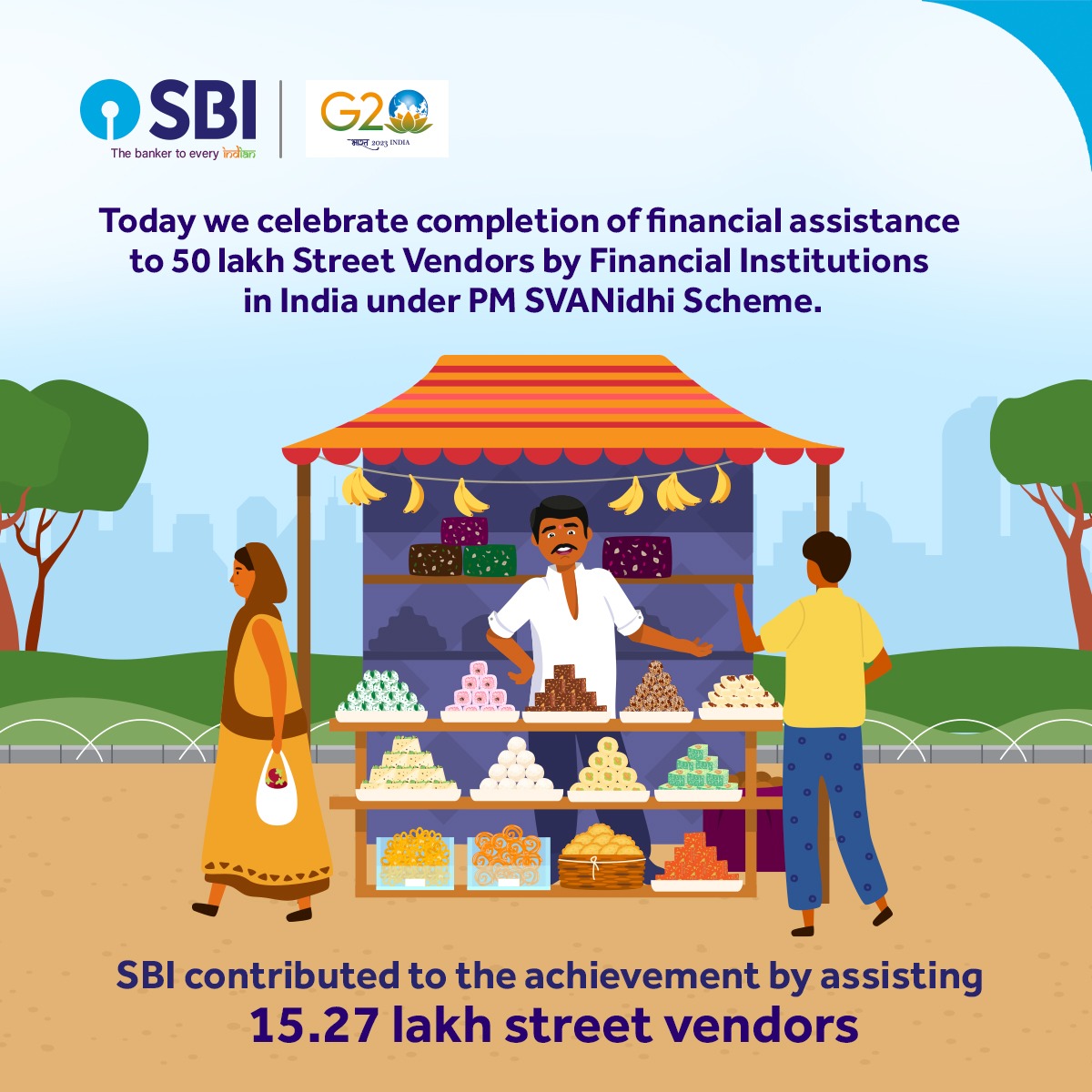 TheOfficialSBI's tweet photo. A significant milestone achieved today by the Financial Institutions in India by providing Financial Support to 50 lakh Street Vendors under PM SVANidhi Scheme.  SBI is proud to assist 15.27 lakh such Street Vendors for their holistic development and economic upliftment.

#SBI #PMSVANidhi #Development