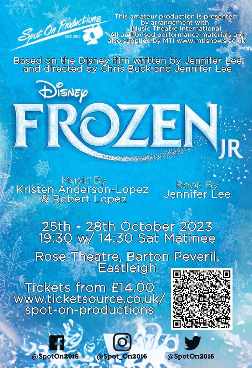 Spot on Productions @Spoton2016 present "Frozen Jr. The Musical " see dramagroups.com #Shows #UK #Oct2023 - you can list your Show at <a href="/DramaGroups/">Drama Groups</a> absolutely free! #amdram #breakaleg