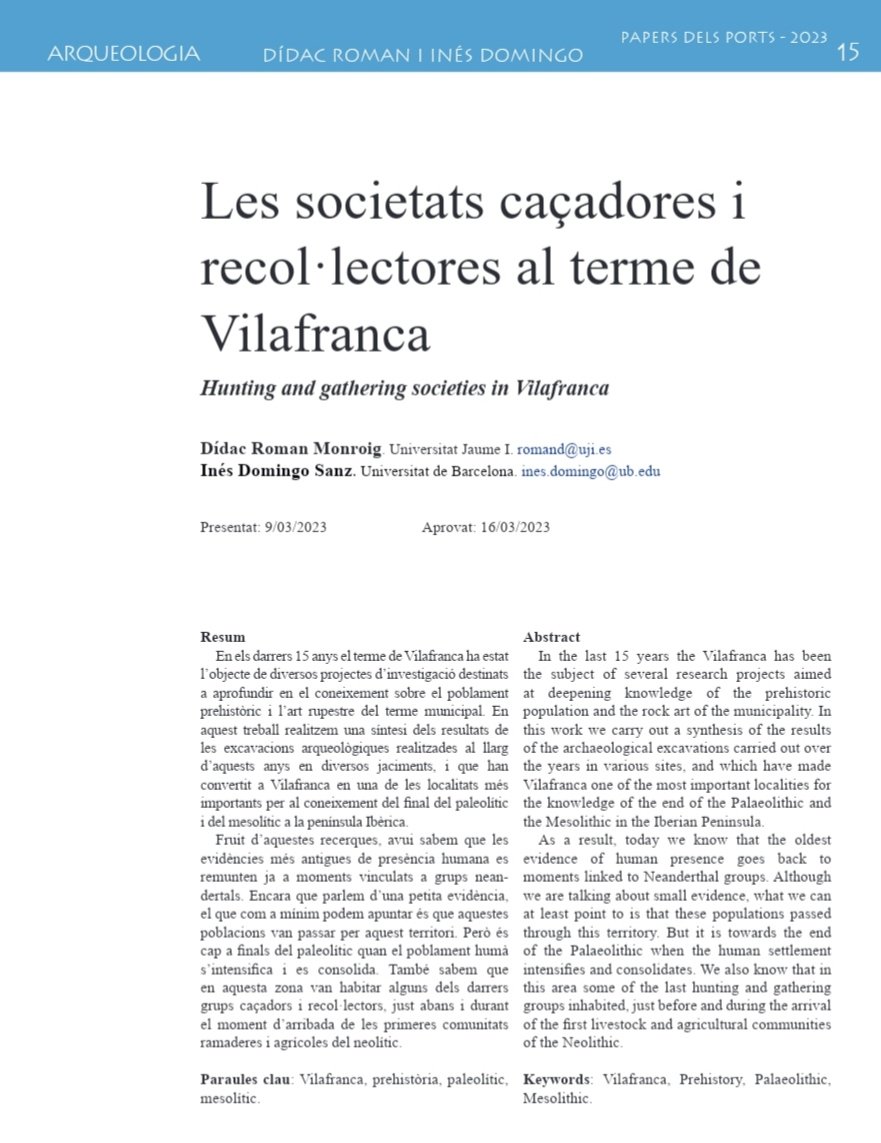 Hem publicat un article de síntesi a la revista "Papers dels Ports" sobre el que coneixem del Paleolític i el Mesolític al terme de Vilafranca a partir de les excavacions realitzades en els darrers anys en aquest territori. 
repositori.uji.es/xmlui/handle/1…