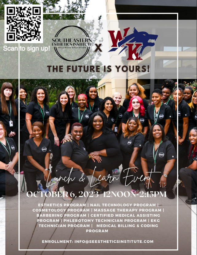 Lunch and Learn
Any 10-12th grader interested in careers as an Esthetician, Massage Therapist or Nail Technician should join us for a Lunch &amp; Learn in room 111 with Southeastern Esthetics Institute on Friday, October 6.  Scan the QR Code to sign up or stop by room 111.