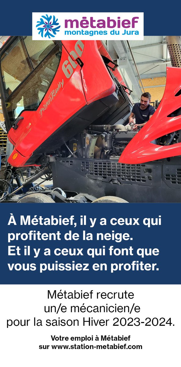 [RECRUTEMENT]
Métabief est à la recherche d'un(e) mécanicien-ne. 

Envoyez-votre candidature (CV + Lettre de motivation) à rh@smmo-metabief.com 
#recherche #Emploi