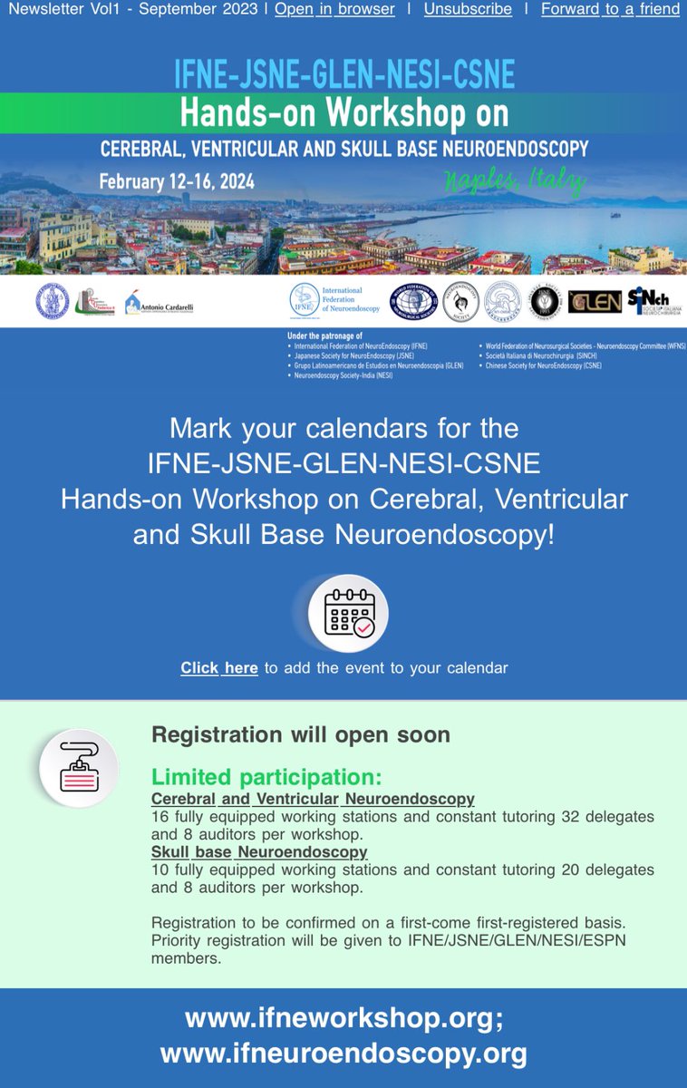 The most comprehensive academic and hands on workshop on cerebral and skull base neuroendoscopy! We invite you all to Naples, Italy!