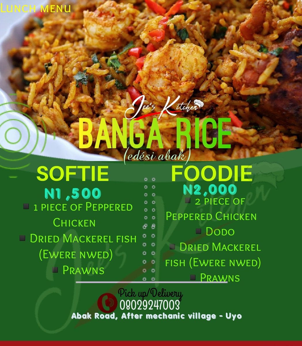 AlphaQueen1212's tweet photo. Hello Special Tribe ❤

If you haven’t tasted my homemade Banga Rice then you shouldn’t miss this tomorrow.

SOFTIE pack goes for
N1,500
And FOODIE pack goes for
N2,000 only
Call or WhatsApp 08029247003
Location: Abak road. Uyo
◾◾Delivery is not free◾◾ #uyofoodvendor https://t.co/Q0COkfEpz3