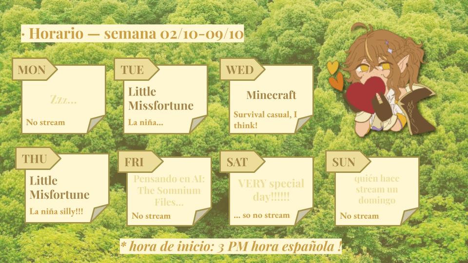 ☀ HORARIO SEMANAL ⚔
Al fin volvemos... Ya iba siendo hora :') 💛
Art tag > #SolarisGalleries
Live tag > #LIVEomnious
Meme tag > #MelianSolaRIZZ
¡Espero veros en mis streams! ☺️🌟 #VTuberUprising #PNGTuber