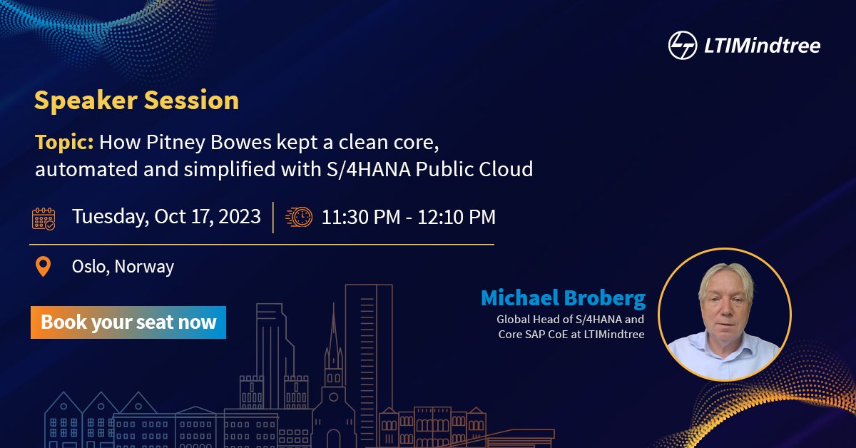 Discover Pitney Bowes' transformation journey as LTIMindtree's Michael Broberg guides you through their path to automation, simplification, &amp; standardization with S/4HANA Public Cloud. Join us to witness this journey come to life at the SBN SAP Conference: srkl.in/6019B2GcXB